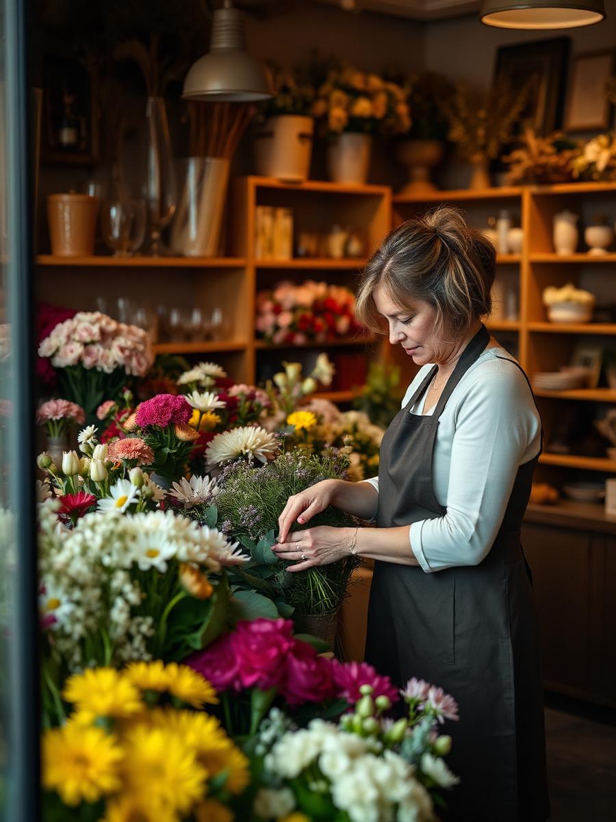 A florist arranging fresh flowers in her own shop