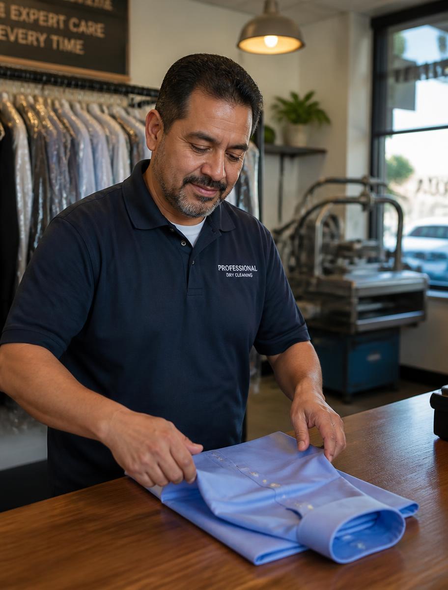 Owner of a neighbourhood laundry and dry-cleaning shop folding garments