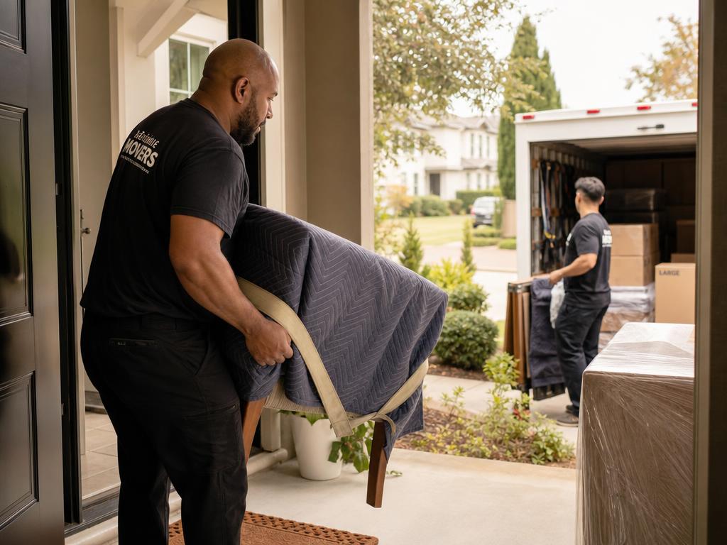 A mover carrying furniture into a home from a van