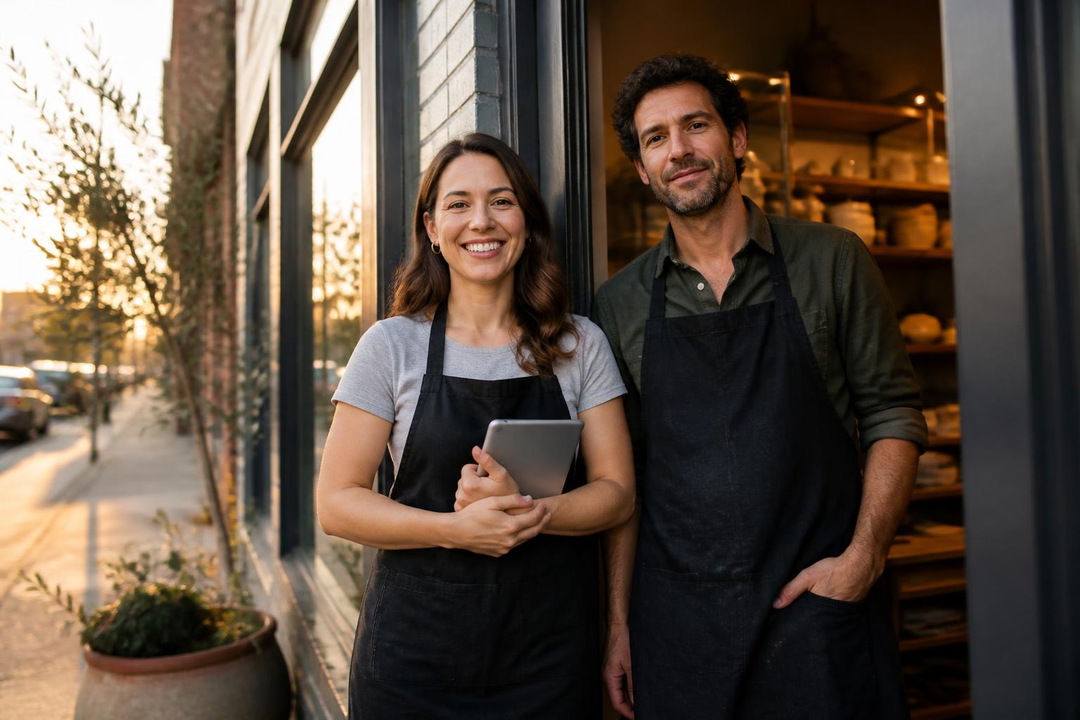 Two independent business owners standing together outside their shop at golden hour