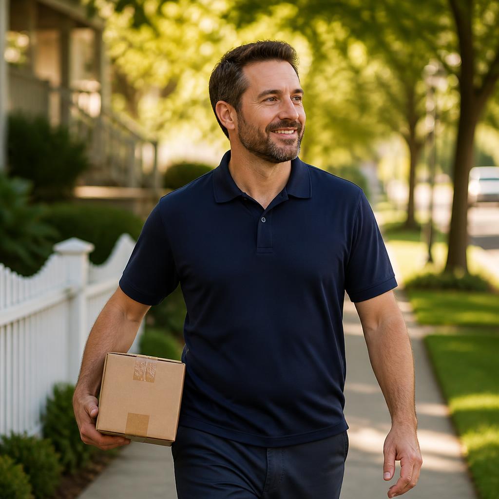 An independent local service professional running an errand, carrying a package through a sunny neighborhood