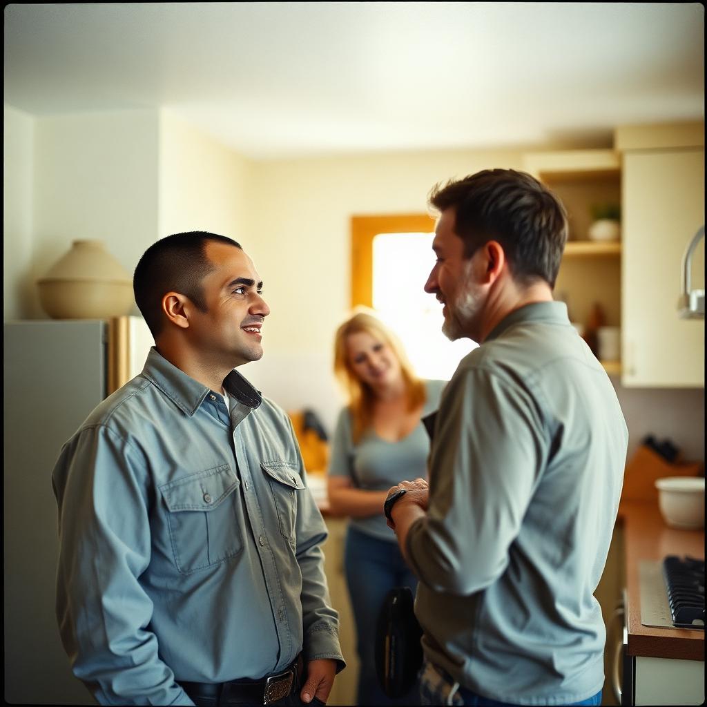An independent electrician talking with a homeowner in a bright kitchen