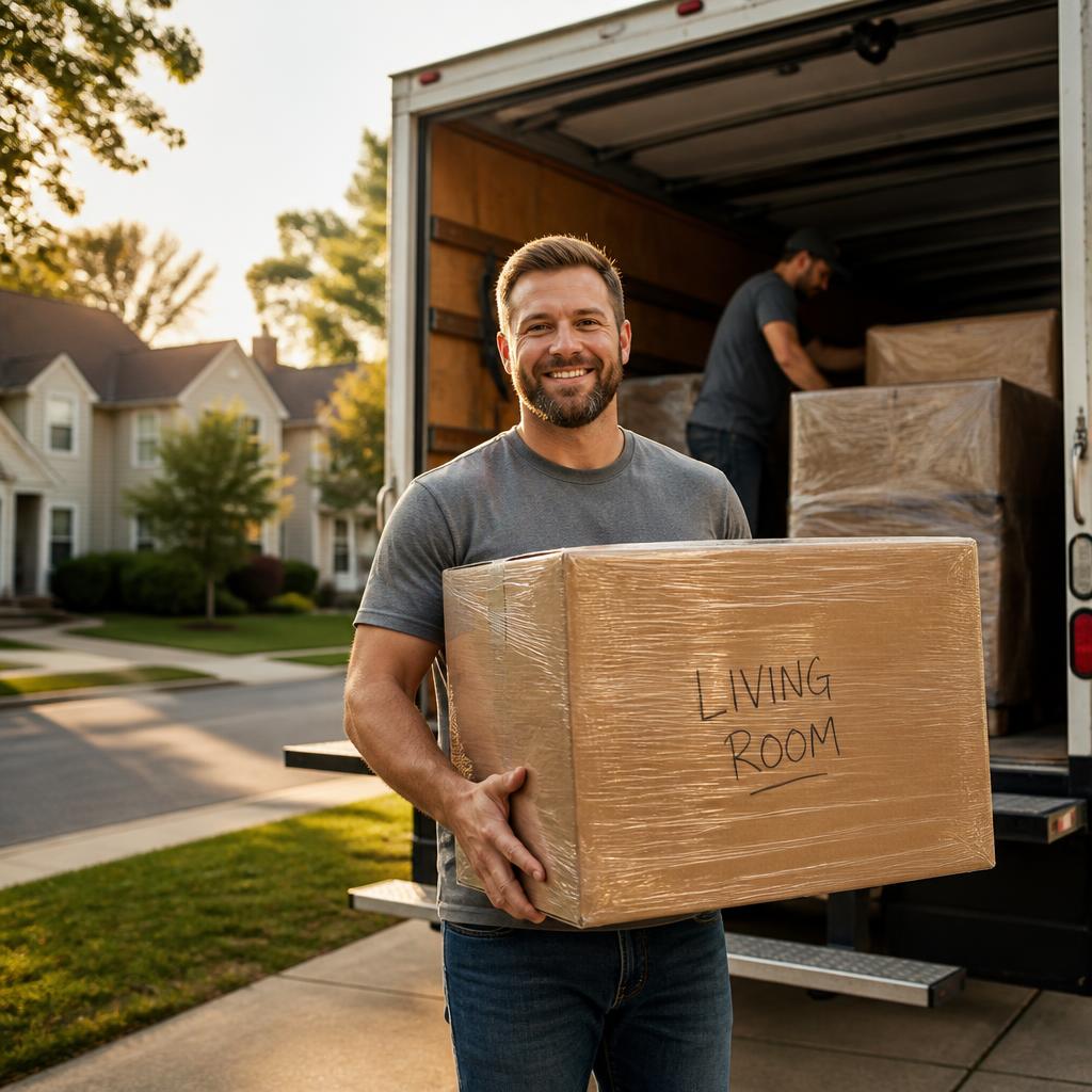 An independent mover carrying a labeled moving box from a truck