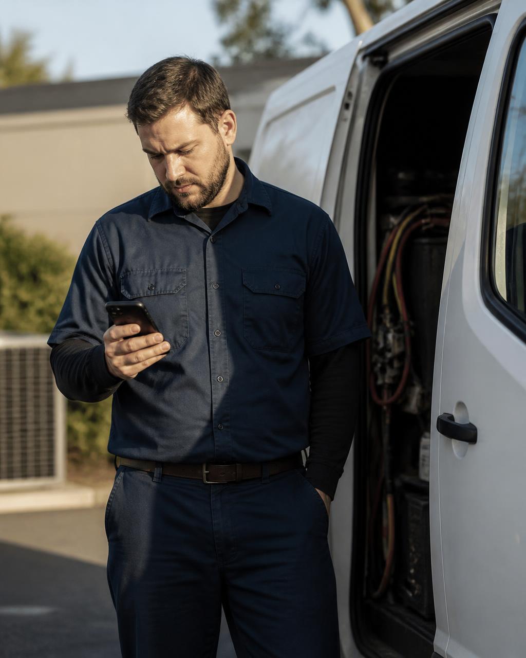 A service technician standing beside his van, reading a message on his phone between jobs