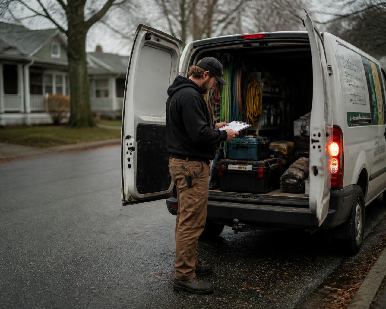 A small business owner checking a schedule while loading a work van
