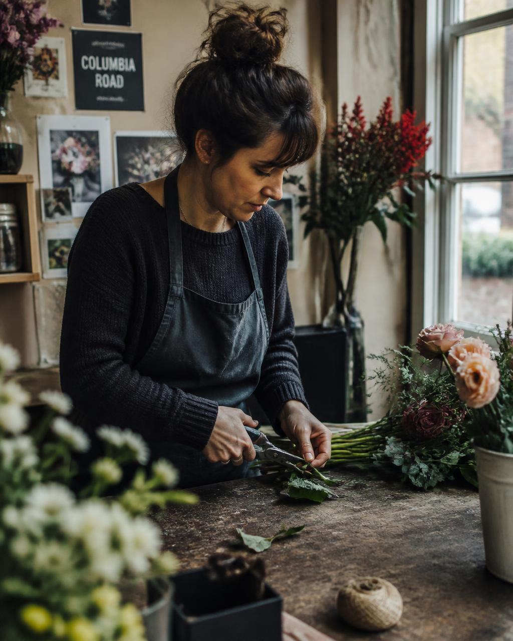 A florist trimming stems at a workbench in a small local flower shop