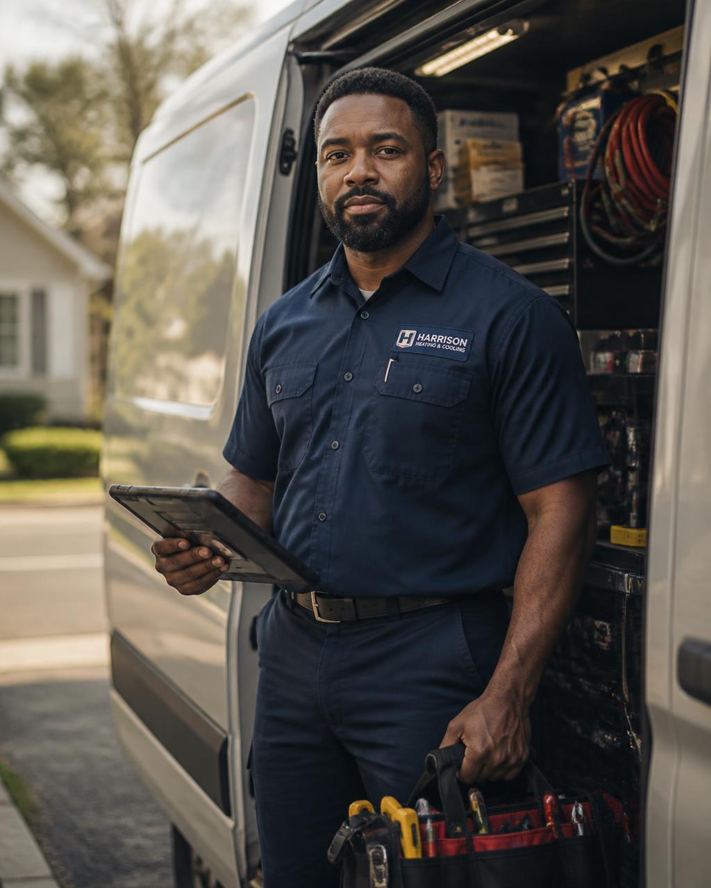 A professional technician with tools and a tablet ready to work